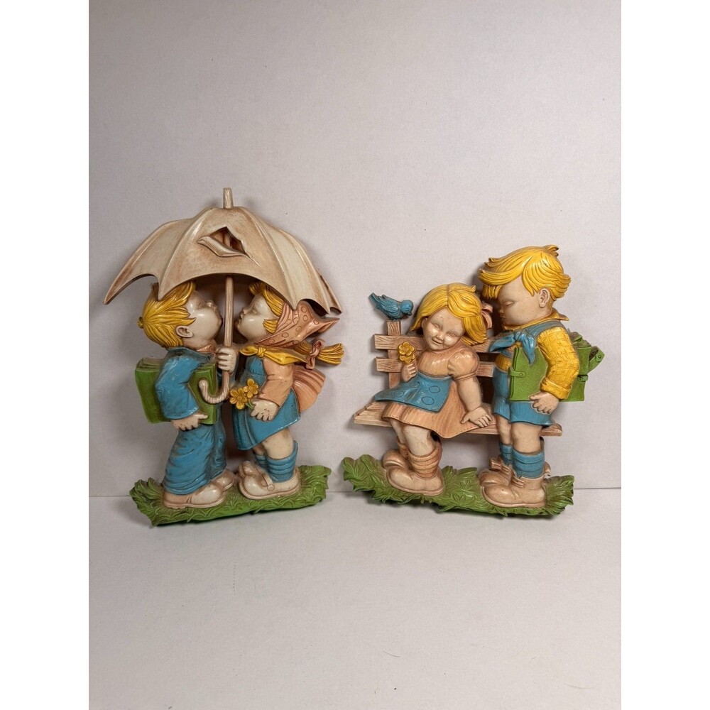 intage Homco Dart Industries Wall Plaques Boy Girl Umbrella Bench Set 1970s